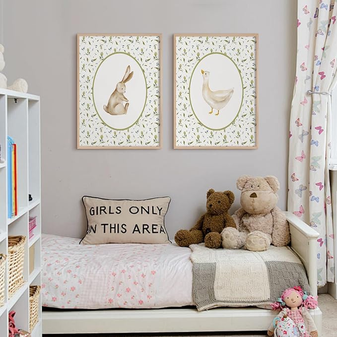 Vintage Nursery Wall Art Cute Goose Canvas Poster Bunny Wall Decor Baby Kids Poster Rabbit Duck Prints Cute Animal Pictures Pale Green Painting Artwork for Gallery Bedroom 16x24 Inch Unframed Set of 2