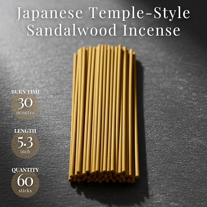 Sandalwood Premium Japanese Incense Sticks 60sticks Coreless Low Smoke Natural Charcoal Free Non Toxic Temple Kyoto Aroma Aromatherapy Meditation Calming Stress Relief Relaxation Yoga Zen TOMORI