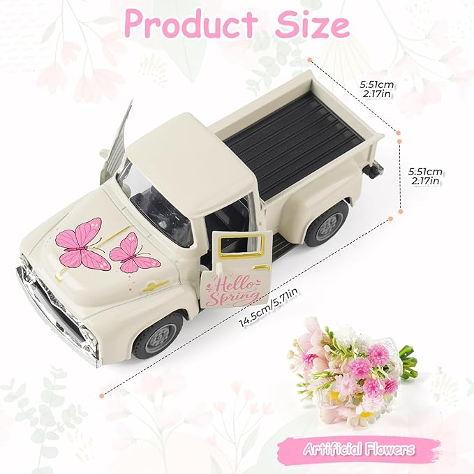 Spring Butterfly Truck Decor, Pink Spring Floral Truck Decorations for Home Indoor, Mini Wildflowers Truck Tiered Tray Decor, Rustic Farmhouse Kitchen Tabletop Decorations for Office
