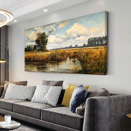 LASMOND Beautiful Wilderness Meadow Canvas Wall Art Oil Painting Reproduction Print Vintage Wildflower Field Scenery Countryside Landscape Tree Rustic Retro Decor Artwork Country Farmhouse Living Room 58x28 Inches