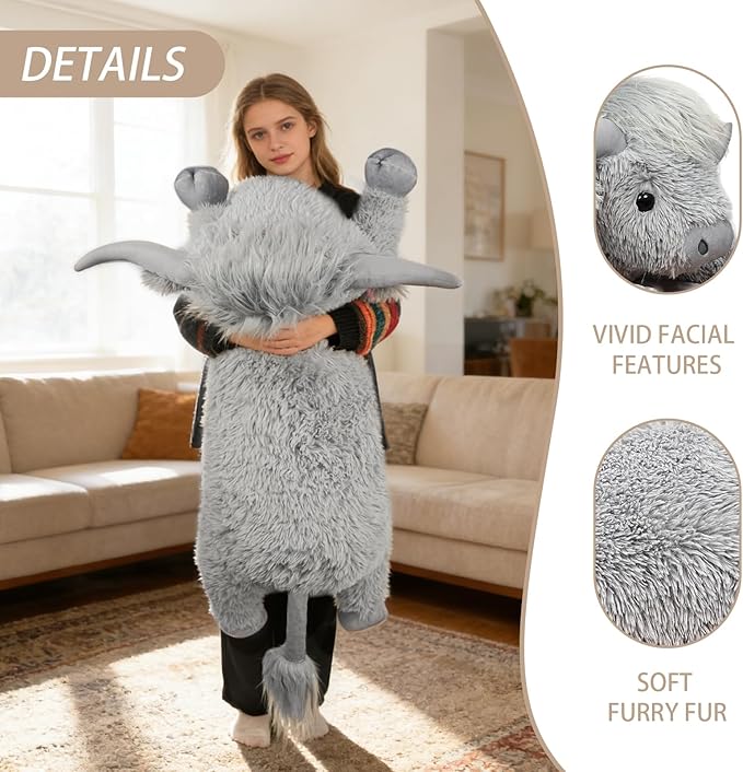 WDXDSOB 38.5 Inch Grey Giant Highland Cow Plush Stuffed Animal - Large Cow Pillow Gift for Kids and Adults, Couch & Bed Decor