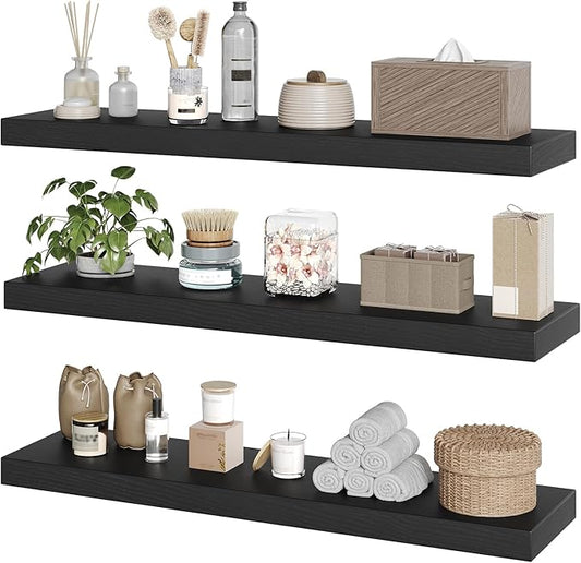 RALGEND Floating Shelves for Wall, 1.5" Thick Wall Shelf Set of 3 with Invisible Brackets, L31.5 x W7.9 Hanging Book Shelves Farmhouse Home Decor for Bathroom, Living Room, Bedroom, Black 8301BJP3BK