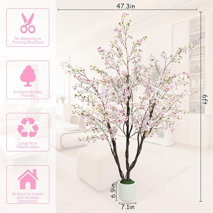 Caxchiling Artificial Cherry Blossom Tree 6FT, Pink Faux Floor Tree | Ball-Shaped Pot with Moss Topper, Lifelike Faux Tree for Home Office, Living Room, Bedroom, Doorway and Hallway Decor