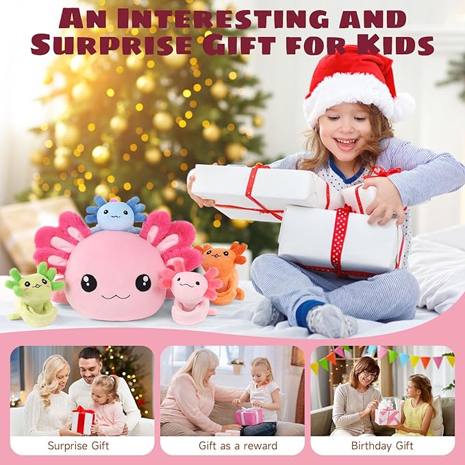 5 Pcs Axolotl Plush Toys for Girls Boys, 18.5" Mommy Axolotl Stuffed Animal with 4 Baby Axolotls Inside, Pink Stuffed Axolotl Salamander Plushies Pillow Toys Gift for Kids Easter Christmas Birthday