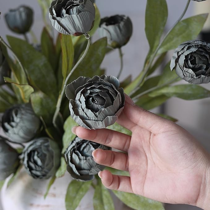 VIERENA 12 Pcs Faux Silk Peony Artificial Flowers for Vase -27", Bulk Fake Peonies Branches with Stems for DIY Bouquet Centerpieces Wedding Fillers Arrangements Shower Decorations (Dark Gray)
