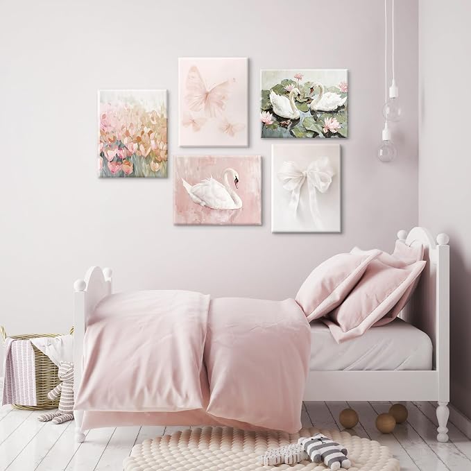 Coquette Pink Wall Art Decor Aesthetic Swan Posters Bow Flower Canvas Wall Art Preppy Cute Pictures Trendy Butterfly Posters Coquette Aesthetic Prints for Girl Dorm Room Bedroom 8x10x5 Inch Framed