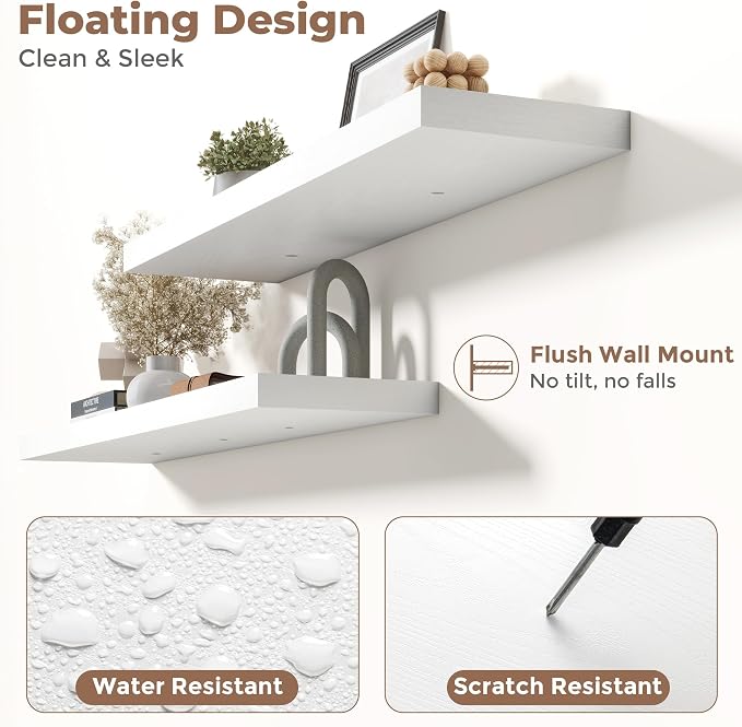 24 Inch Floating Shelves for Wall with Invisible Brackets Set of 2, 8"D Engineered Wood Wall Shelves with Wood Grain for Living Room, Bedroom, Bathroom, Kitchen Decor and Storage, White Finish