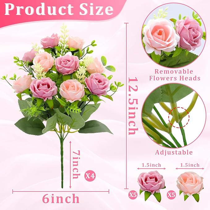 TURNMEON 40 Heads Fake Roses Artificial Flowers for Outdoors Summer Decor, 4 Bouquets UV Resistant Fake Flower Bouquet Faux Silk Roses for Wedding Birthday Party Home Mother's Day Cemetery Decor(Pink)