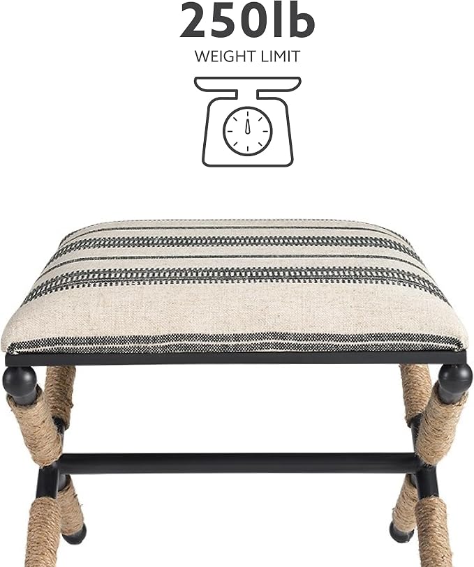Linon Farrow Black Metal and Natural and Black Stripe Upholstered Campaign Ottoman