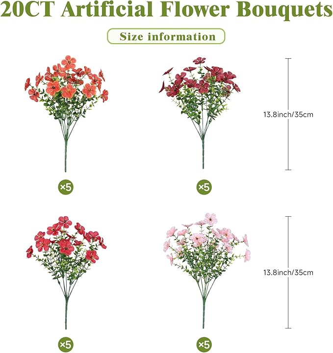Alupssuc 20 Bundles Artificial Flowers for Outdoor Indoor Decoration, UV Resistant No Fade Fake Plants Eucalyptus, Colorful Faux Spring Flowers for Outside Yard Porch Patio Garden Home Window Box