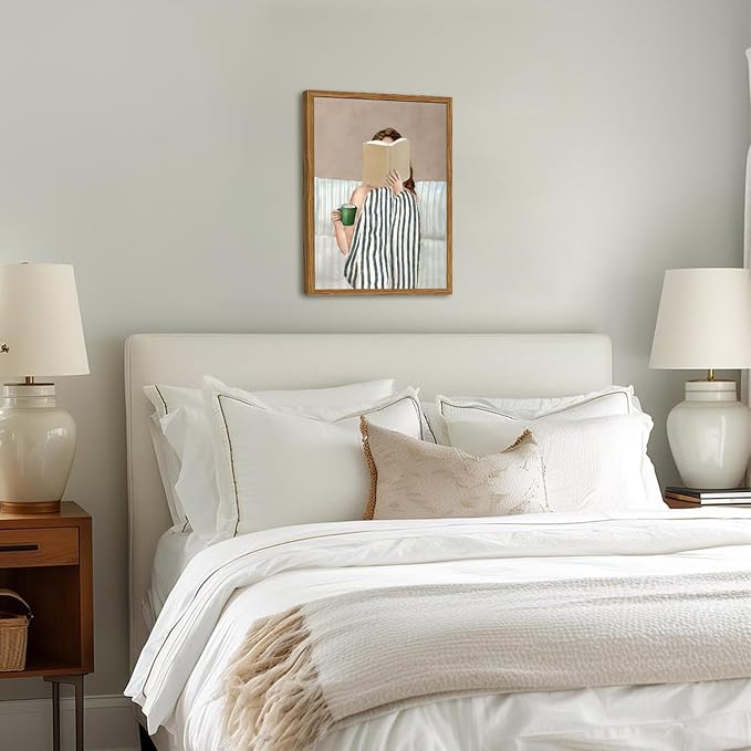 Framed Trendy Preppy Canvas Wall Art, Woman Reading Book with Coffee Pictures Wall Decor Paintings, Blue and White Striped Prints Girly Home Decor for Living Room Bedroom Dorm 16x24 inch