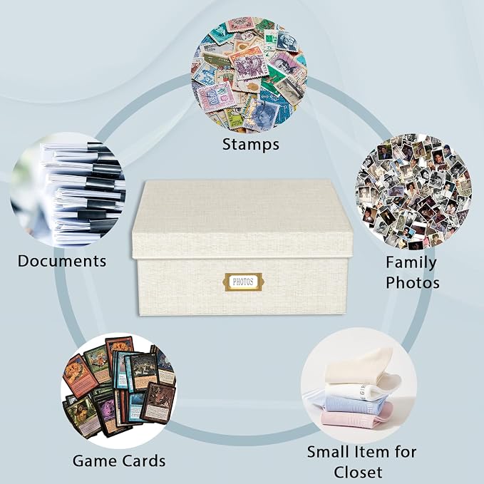 Decorative Photo Storage Box - 2 Pack Linen Photo Box Organizer with Dividers, Fits Holds Up to 1700 Pictures and 4x6 Photos, Memory Keepsake Organizer for Scrapbook Supplies, Cards, Stamps (Beige)