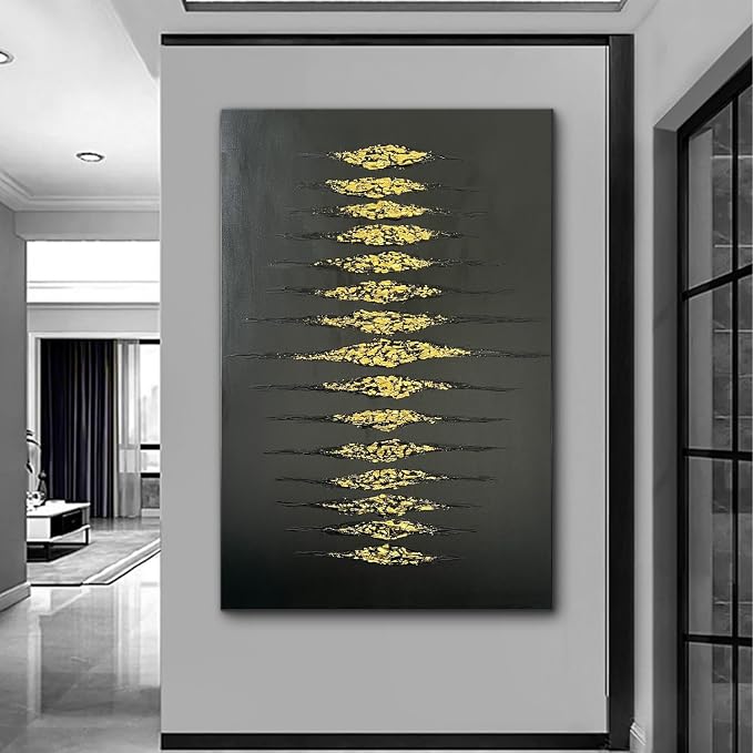 Creespi Hand-Painted Abstract Black and Gold Textured Wall Art 30x45 inch,Large Minimalist 3D Thick Texture Oil Painting on Canvas for Home Wall Decoration