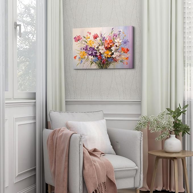 Colorful Flower Canvas Wall Art Yellow Orange Purple Wildflower Painting Prinrts for Teen Girls Room Decor Botanical Picture Floral Poster Modern Framed Artwork Bathroom Bedoom Home Decoration 12"x16"
