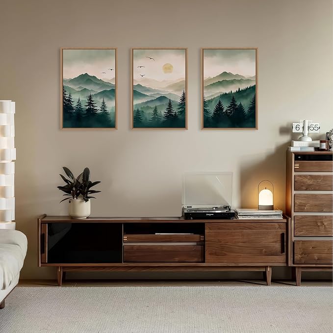 Large Boho Mountain Framed Canvas Wall Art Set 16"x24"x3 | Misty Forest Landscape Neutral Pine Tree Nature Sunrise Art Prints Living Room Bedroom Dining Room Office
