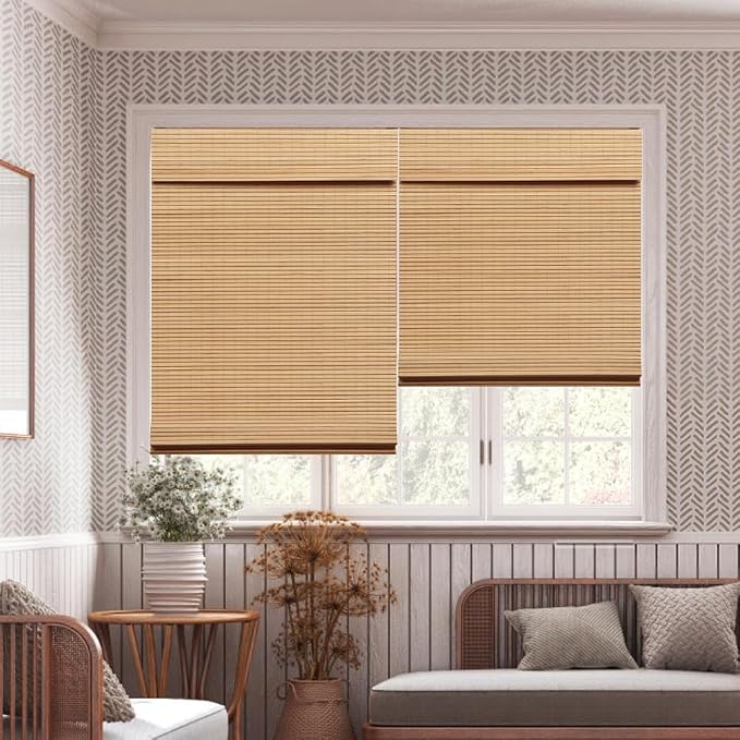 LUCKUP Cordless Bamboo Roman Blinds Shades for Indoor Windows-Blackout Room Darkening Roman Blinds with 6" Valance Cover Enhanced Privacy, 28" W x 64" H