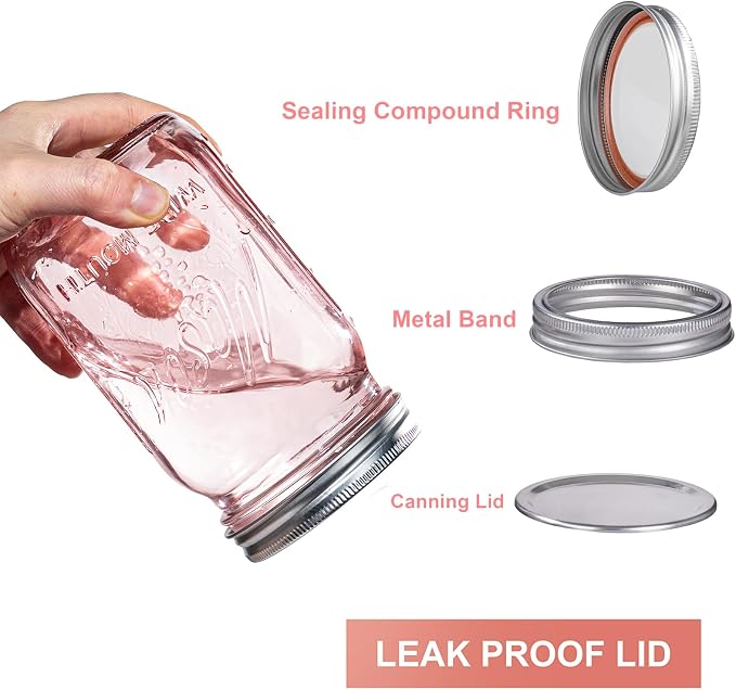 Rubtlamp Pink Mason jar 32 oz, 12 Pack Glass Jars - Wide Mouth Mason Jars with Airtight Lids for Pickling, Fermenting, Food Storage&DIY Crafts, Microwave & Dishwasher Safe