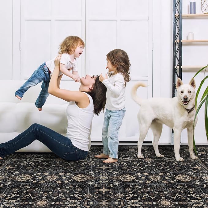 Ruaruarug Washable Area Rug 4x6 for Living Room, Bedroom, Ultra Soft Non Slip Stain & Fade Resistant, Pet & Kids Friendly, Suitable for High Traffic Areas Easy to Clean for Office Kitchen, Black Grey