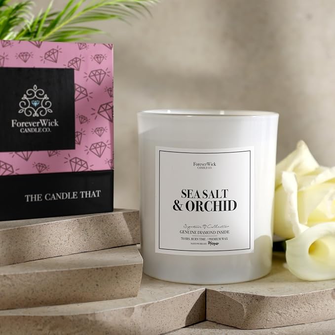 Foreverwick Sea Salt & Orchid Candle | Royal Essence Candle with Diamond Inside | Cleansing Sage Aroma | Strong Scented Candles for Decor | 14 oz & 70 Hours Burning Time