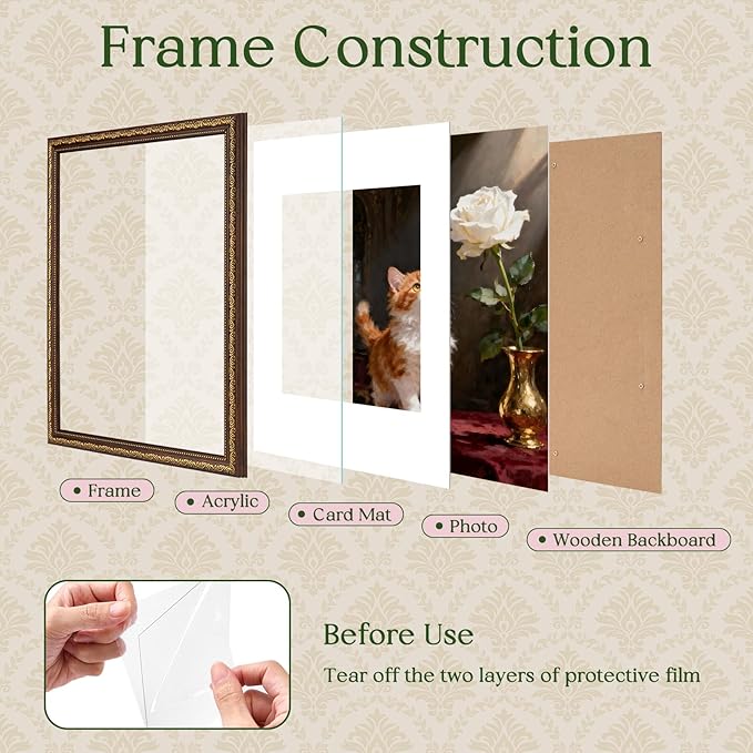 TWING 11x14 Picture Frame,Display 8x10 Photo with Mat or 11x14 without Mat,Ornate Vintage 11 x 14 Photo Frames for Wall Mounting,Bronze,1 Pack