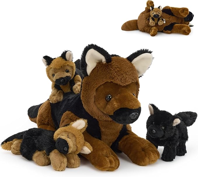 MorisMos 4Pcs German Shepherd Stuffed Animals, 18 Inch Mommy with 3 Puppies, Soft Fluffy Animal Dog Plush Toys Gifts for Kids, Dog Lover