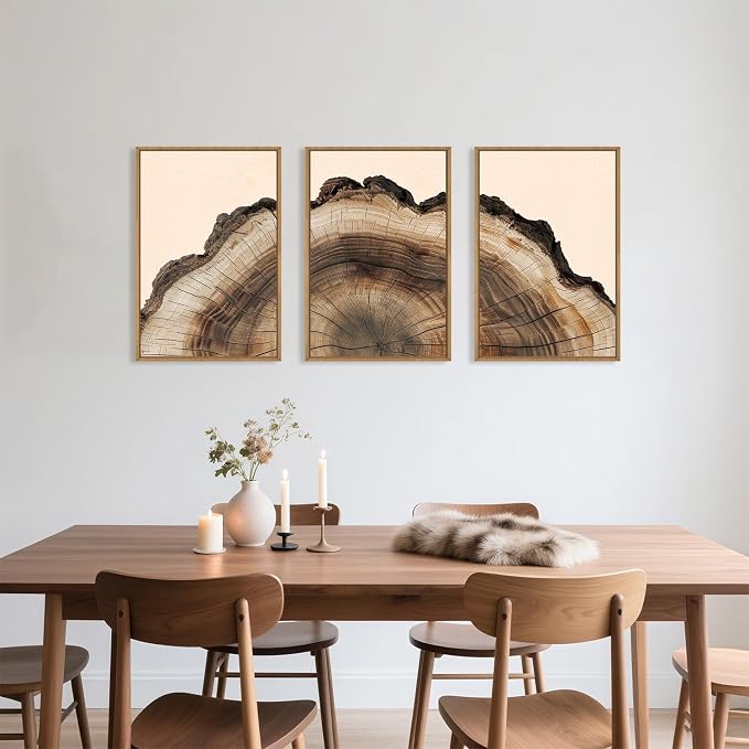 KAIRNE Vintage Tree Rings Framed Canvas Wall Art Set, Retro Wood Stump Wall Decor, Neutral Tree Spiral Art Prints, Modern Annual Ring Artwork for Living Room, Bedroom, Farmhouse, Office-16 x24 x3