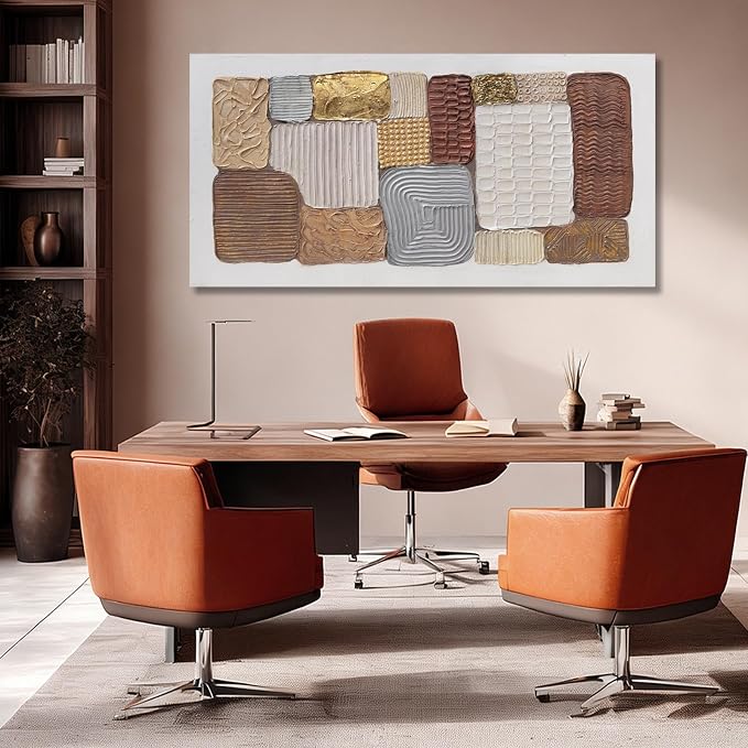 Dolidoteart Canvas Wall Art, Large Abstract Wall Art Print in Neutral Brown Beige Gold, Geometric Textured-Look Artwork for Living Room Bedroom Office, 24x48 Inch
