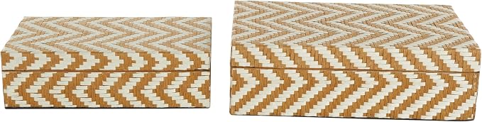Deco 79 Paper Geometric Handmade Decorative Box Woven Zig Zag Storage Decorative Keepsake Box with Cream Accents, Set of 2 Storage Box 12", 8"W, Brown