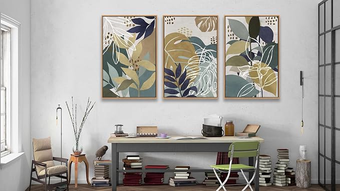 Large Botanical Wall Art for Living Room Natural Wood Float Framed Art Set of 3 Tropical Plant Pictures Boho Artwork Green Brown Leaf Canvas Prints for Bedroom Kitchen Home Office Wall Decor 20"X28"X3