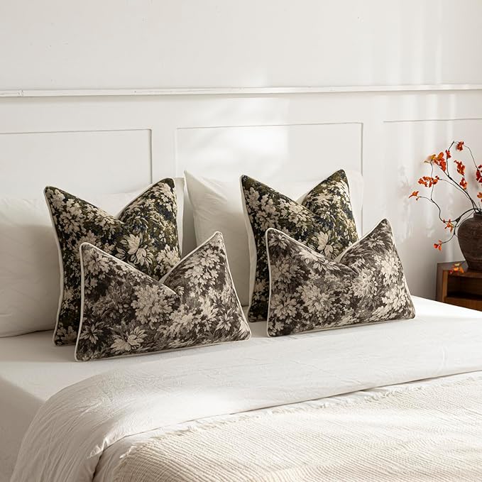 DEZENE Pack of 2 Vintage Floral Pillow Covers 12x20 Boho Farmhouse Accents Chenille Rectangular Lumbar Decorative Throw Pillow Cases for Living Room Couch Bed Home Decor, Grey