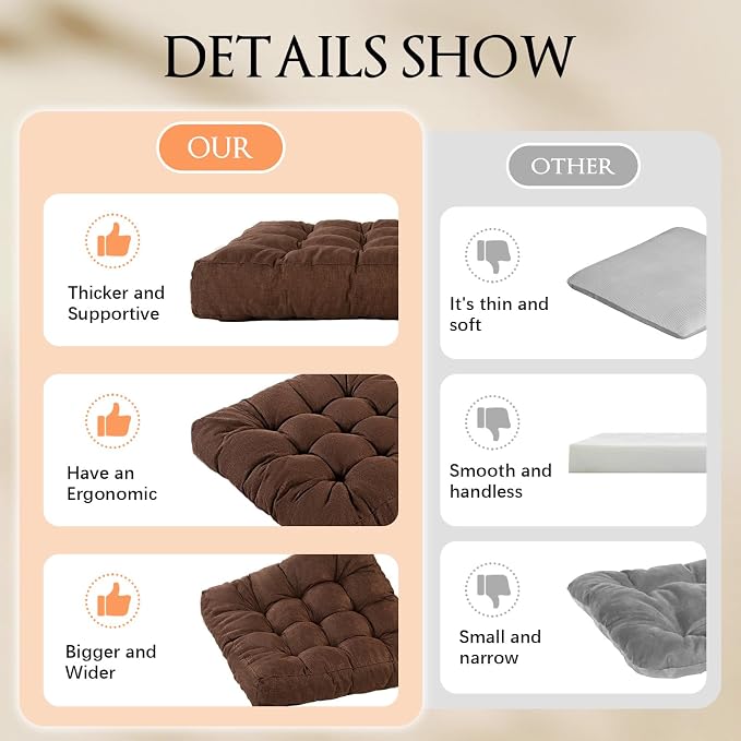 Meditation Floor Cushions Set of 2, Thickened Floor Pillow for Adults, Large Square Pillows Seat Cushion for Tatami Living Room Yoga, Memory Sponge Block Added, 22x22 Inch, Brown