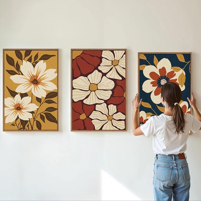 Rantodecor Large Vintage Floral Framed Canvas Wall Art Set, Mid Century Modern Wall Decor, Minimalist Retro Flowers Art Paintings, Beige Neutral Botanical for Bedroom Living Room Office 24"x36"x3
