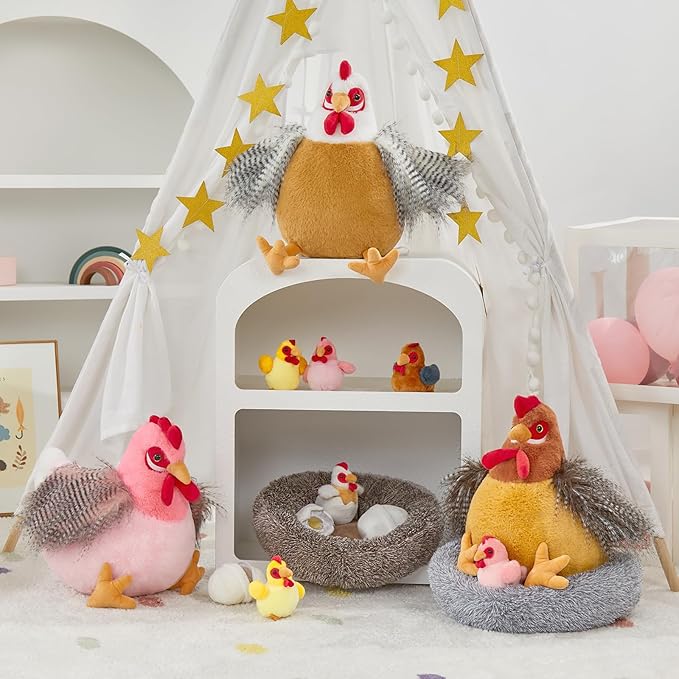 MaoGoLan 8Pcs Chicken Stuffed Animals, Stuffed Laying Hen Chicken Plush Toys with 3 Babies Chickens and 3 Eggs,1 Nest House Plush Set, Cute and Soft Farm Stuffed Animals Gift for Kids,Girls,Boys,Pink