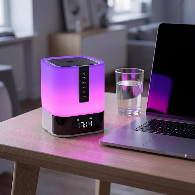 Hetyre Night Light Bluetooth Speaker, 5 in 1 Touch Control Bedside Lamp Dimmable Multi-Color Changing, Bedroom Alarm Clock, Best Birthday Gift Ideas for 10 11 12 13 14 Year Old Teenage Girls/Boys