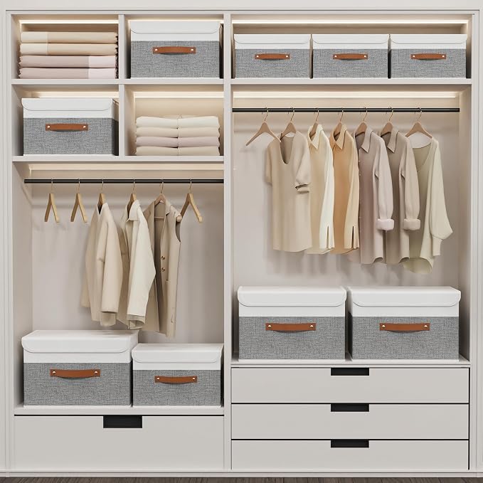 Yawinhe Storage Bins with Lids, Fabric Foldable Boxes, Washable and Leather Handle, Cube Organizer Basket for Home, Closet, White/Grey, 17.7''Lx11.8''Wx11.8''H, 5-Pack, USNK024WGX-5