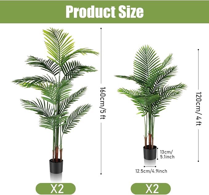 Jexine 4 Pack Artificial Palm Trees 4Ft 5Ft, Fake Plants Fake Trees Artificial Areca Palm Plants for Outdoor Indoor Faux Tree in Pot for Pool Home Office Housewarming Gift Modern Decoration