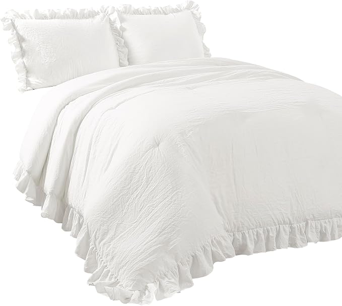 Lush Decor Reyna Ruffle Comforter Set - 3 Piece King Size Ruffle Comforter Set - Elegance for Bedroom - King, Pure White