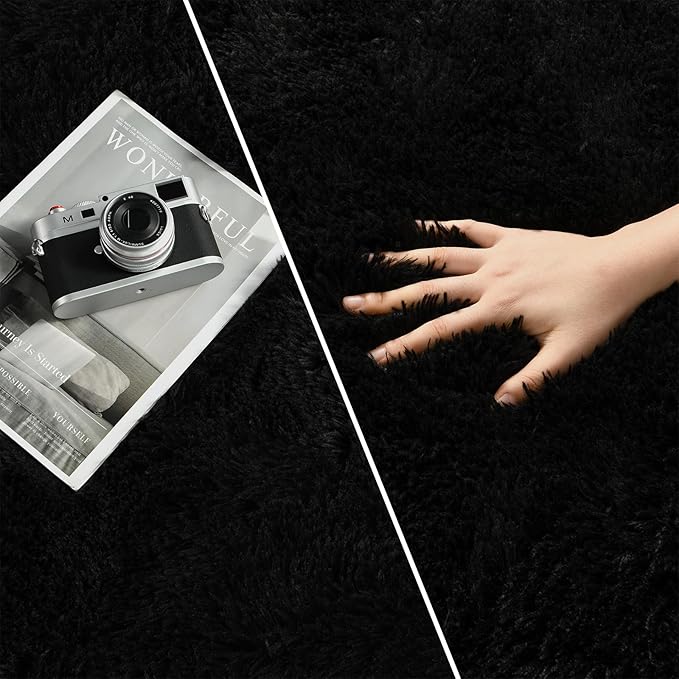 Deerhoo Large Shag Area Rugs 10 x 14, Tie-Dyed Plush Fuzzy Rug for Living Room, Ultra Soft Fluffy Furry Rugs for Bedroom, Anti-Skid Indoor Carpet Nursery Rugs for Kids Room Home Decor, Black