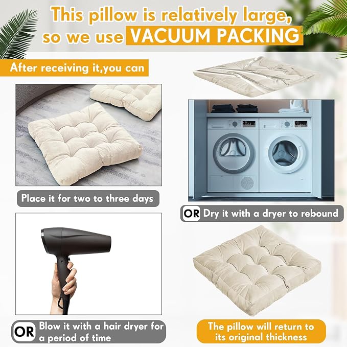 Jerify 4 Pcs Floor Pillow Cushions Large Round Square Large Meditation Floor Pillow for Classroom Adult Meditation Picnic Party Seating Learning Daycare School (Square,Beige)