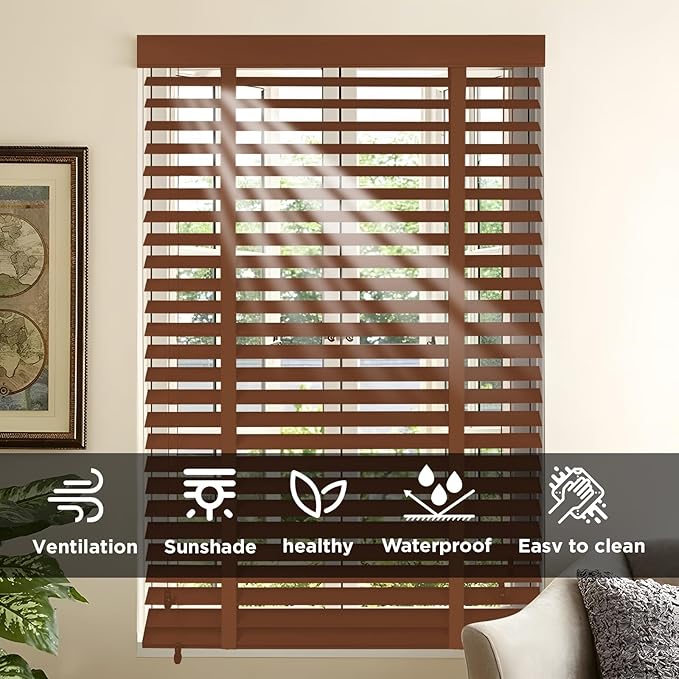 2" Slats Wood Blinds for Indoor Windows: Solid Wooden Blackout Blinds & Shades,Black Out Privacy Horizontal Blinds for Home Bedroom Bathroom Living Room Windows and Doors 47.5" WX72 H Brown