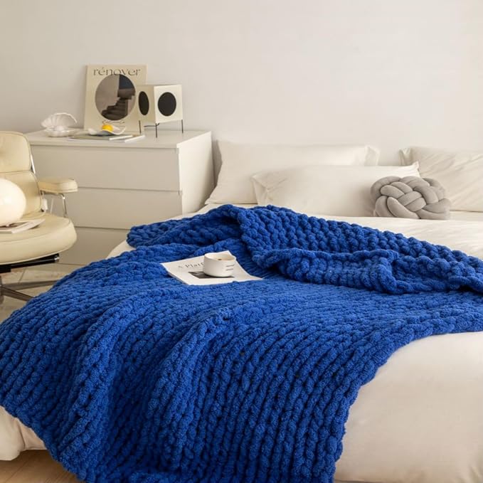 Soft Chunky Knit Throw Blanket for Couch, Cozy Warm Knitted Blankets | Hand Knit with Jumbo Chenille, Lightweight Warm Fluffy Decor for Women, Mom, Her & Girls, Sofa, Chair, Bed,40"×60"(Navy Blue)