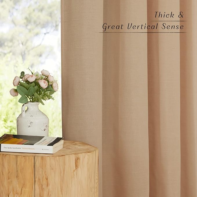NICETOWN Living Room Linen Curtains Thick Flax Texture 96 inch Long, Grommet Semi Sheer Privacy Assured with Light Filtering Drapes for Bedroom/Living Room, Camel, W55 x L96, 2 Panels