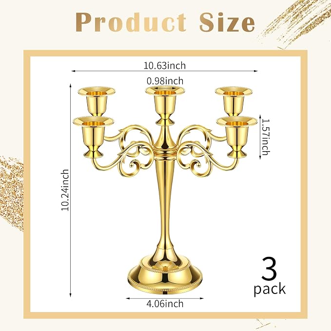 Dandat 3 Pcs 5 Arm Metal Candelabra 10.24 Inch Tall Candlestick Holders Gothic Candle Holder for Home Wedding Church Halloween Theme Party Table Centerpieces(Gold)