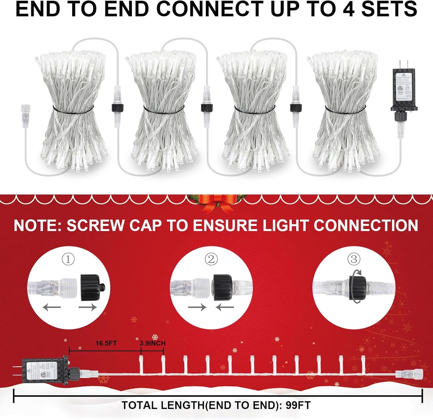 98.5FT 300 LED Christmas Lights Plug in,Cool White Waterproof Fairy Lights with Timer/8 Modes, Christmas Tree Lights Lighting Outdoor Indoor Garden Party Wedding Christmas Tree Decoration