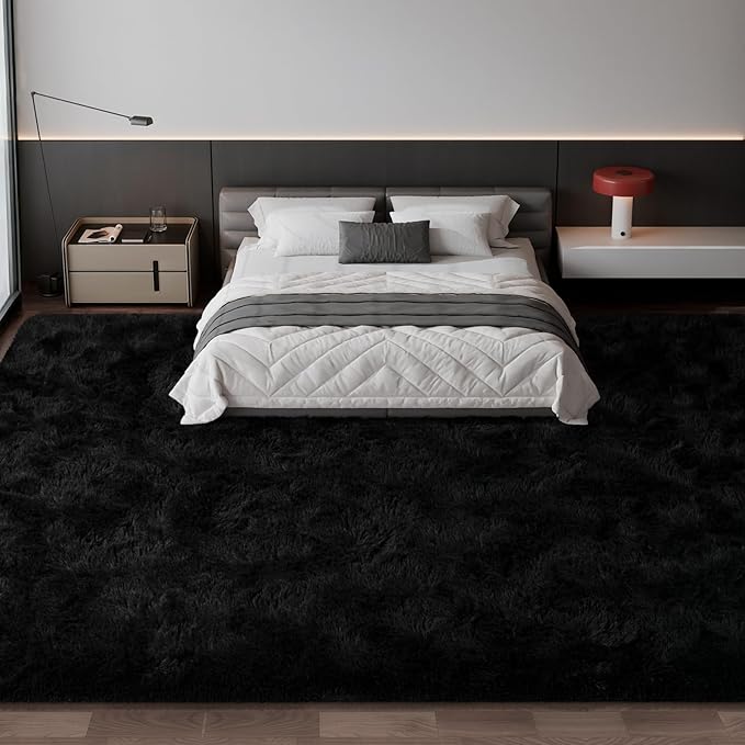 Deerhoo Large Shag Area Rugs 10 x 14, Tie-Dyed Plush Fuzzy Rug for Living Room, Ultra Soft Fluffy Furry Rugs for Bedroom, Anti-Skid Indoor Carpet Nursery Rugs for Kids Room Home Decor, Black