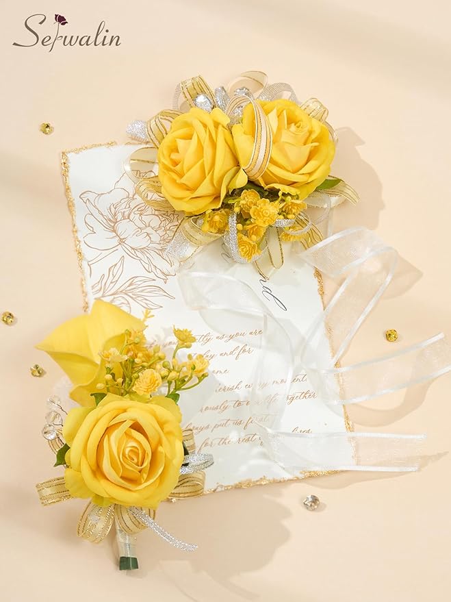Serwalin Yellow Prom Corsage and Boutonniere Set, Artificial Calla Lily & Rose Wrist Corsage Wristlet for Homecoming, Formal Dance, Wedding Flowers Accessories Party Suit Decorations