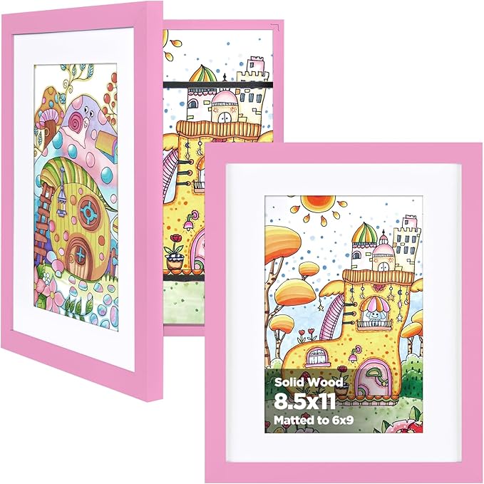 KINLINK 8.5x11 Kids Art Frame Set of 2, Solid Wood Kids Artwork Frames Changeable with Front Opening Hold 150 Pictures, Art Frames for Kids Art with Mat，without Mat 8.5x11 Picture Frame Light Pink