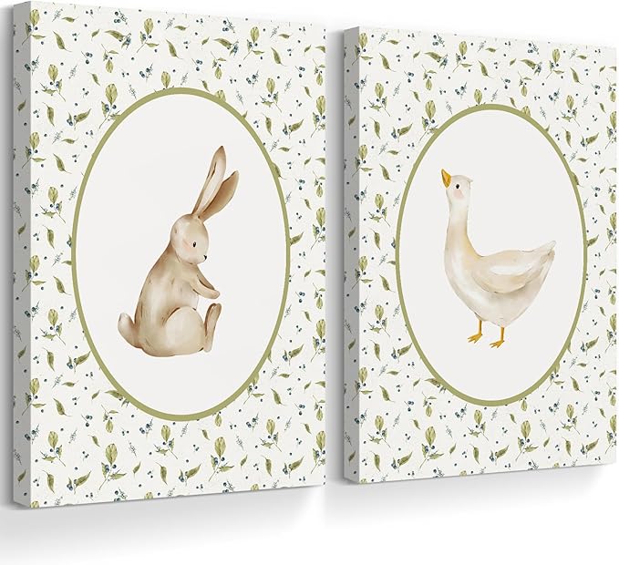 Vintage Nursery Wall Art Cute Goose Canvas Poster Bunny Wall Decor Baby Kids Poster Rabbit Duck Prints Cute Animal Pictures Pale Green Painting Artwork for Gallery Bedroom 16x24x2 Inch Ready to Hang