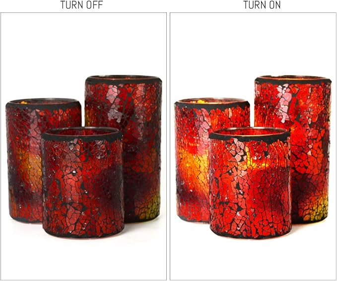 TELOSMA LED Mosaic Flameless Candle, Red Yellow Cracked Glass Pattern Pillar Candle - Centerpieces Table Bed Fireplace Autumn Decor - Set of 3
