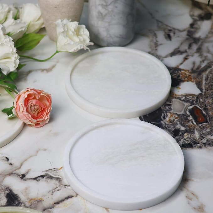 Natural Marble Tray | 8.3" Round Decorative Serving Tray for Bathroom Vanity, Jewelry & Perfume Display | Kitchen Counter & Coffee Table Decor-White Jade